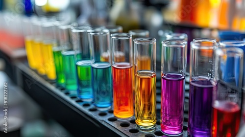 Test tubes filled with colorful liquids, arranged on a science laboratory bench, focused on experimentation.