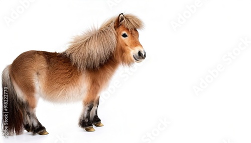 Shetland pony, a Mini or miniature horse is hardy and strong with a small head, widely spaced eyes and small and alert ears.  Adorable, funny, cute isolated on white background with copy space