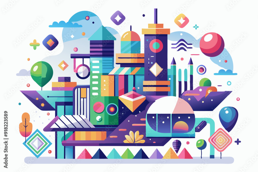 Fototapeta premium Abstract Colorful Cityscape with Geometric Shapes and Balloons