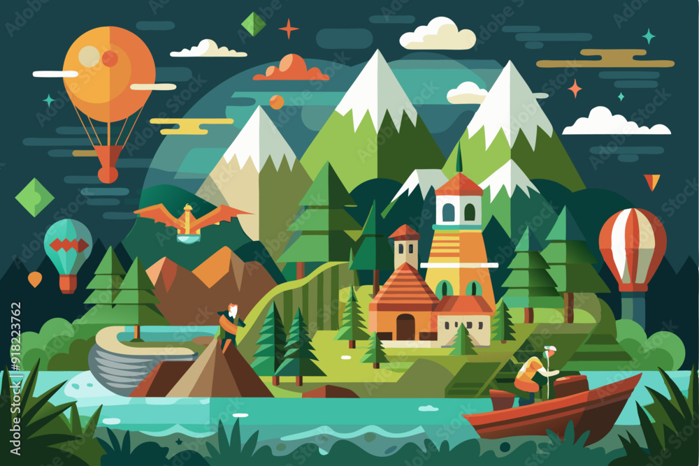 Mountainous Landscape with a Village and a River Mountainous Landscape with a Village and a River