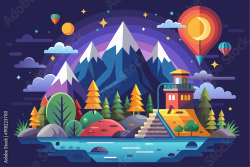 Nighttime Mountain Landscape with a House, Hot Air Balloons, and a River