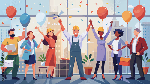 Diverse Workers Celebrating Labor Day in Office with Confetti and Balloons