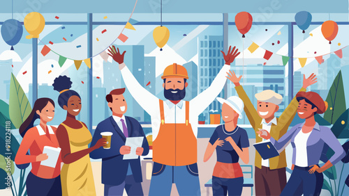 Diverse Workers Celebrating Labor Day in Office with Confetti and Balloons