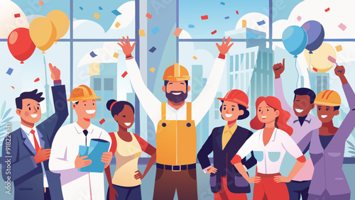 Diverse Workers Celebrating Labor Day in Office with Confetti and Balloons