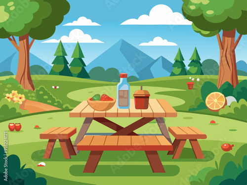 Picnic table, illustration, cartoon, background
