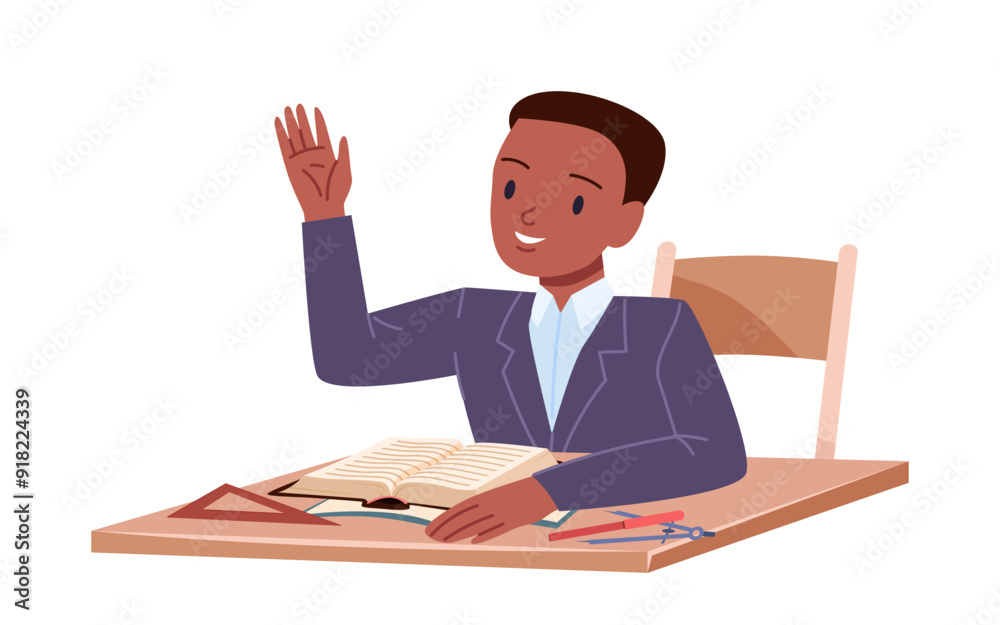 Happy young student raises hand to answer teachers question in class. Boy pupil sitting at table with open textbook to study at school lesson, funny kid raising arm cartoon vector illustration