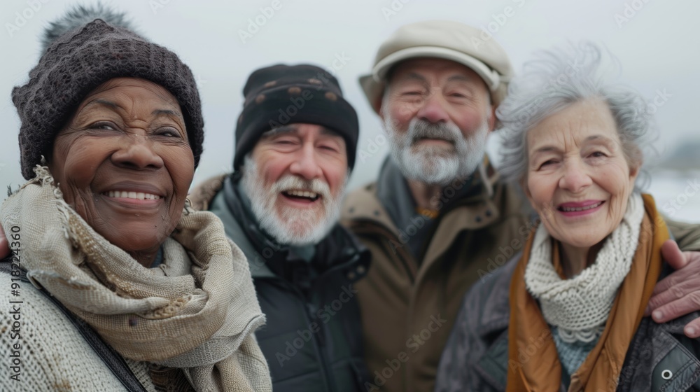 A group of happy senior friends, all dressed in warm winter and smiling at the camera on an overcast day by the seaside A group of happy senior friends, all dressed in warm winter and smiling at the camera on an overcast day by the seaside