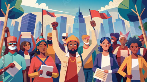Labor Rights March: A peaceful march with diverse participants holding signs advocating for labor rights and fair wages.