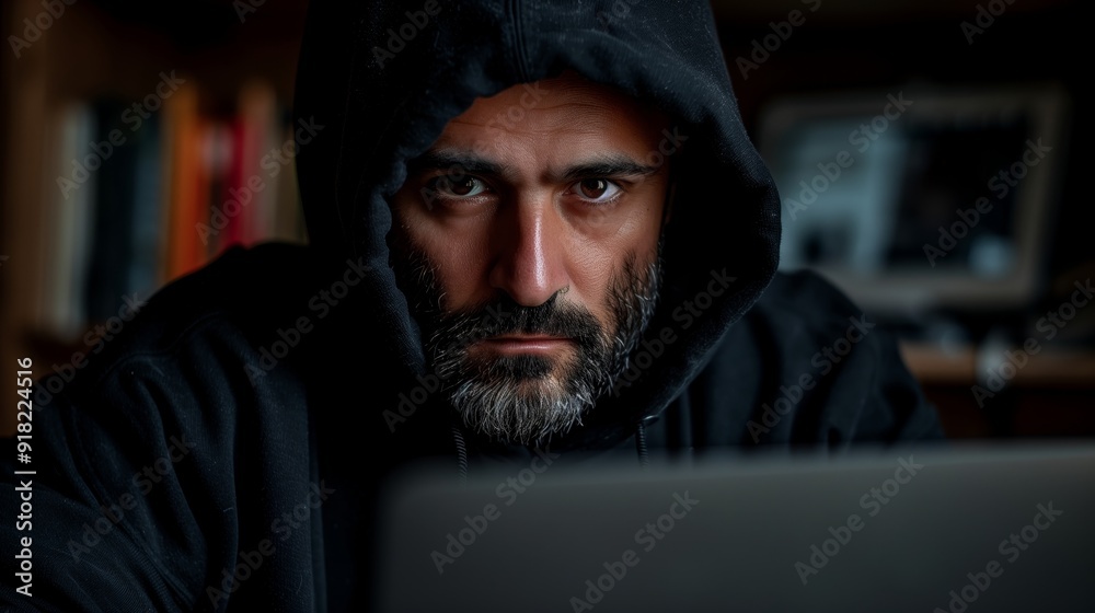 A man with beard wearing black hoodie, working on his laptop in the dark room A man with beard wearing black hoodie, working on his laptop in the dark room