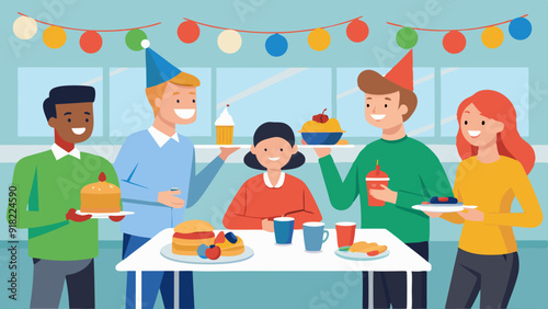 Festive Lunch Break: Workers Enjoying a Catered Potluck with Decorations