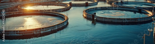 Aerial View of Modern Wastewater Treatment Plant at Sunset with Circular Clarifiers and Reflective Water