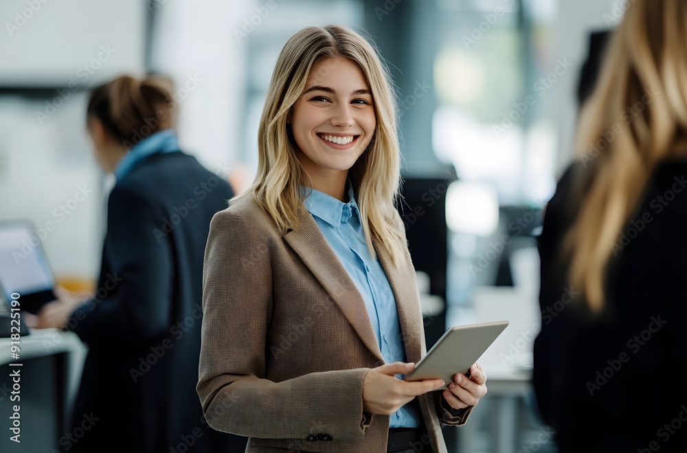 A smiling businesswoman stands in an office holding her tablet A smiling businesswoman stands in an office holding her tablet