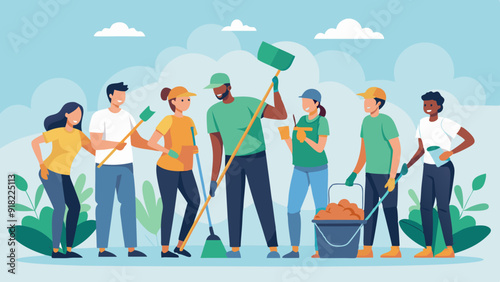Workplace Volunteering: A group of employees volunteering together in a community service project in honor of Labor Day.