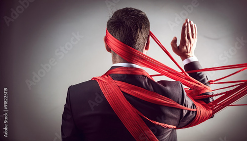Businessman tangled in a web of red tape symbolizing financial bureaucracy