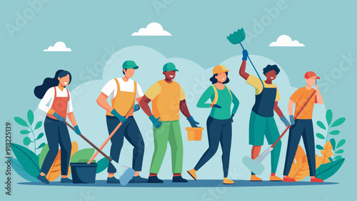 Workplace Volunteering: A group of employees volunteering together in a community service project in honor of Labor Day.