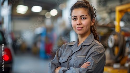 Female mechanic standing with her arms crossed looking at the camera smiling, in a car workshop background