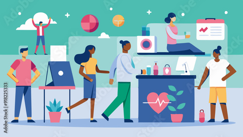 Workplace Health and Wellness Fair: Employees participating in a health and wellness fair with booths, free screenings, and wellness activities.
