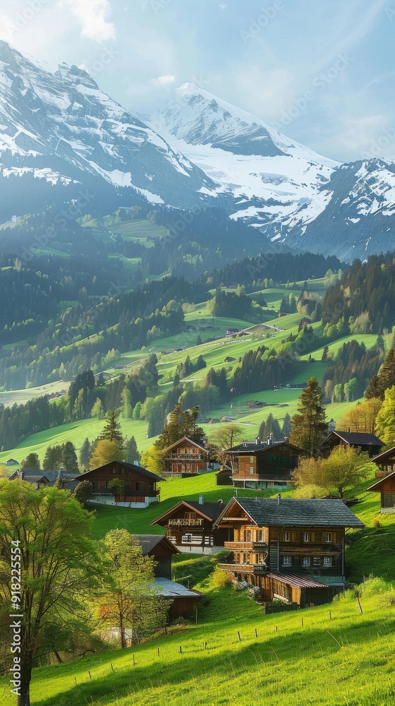 A Small Village on Hill with Mountain Ranges Background A Small Village on Hill with Mountain Ranges Background
