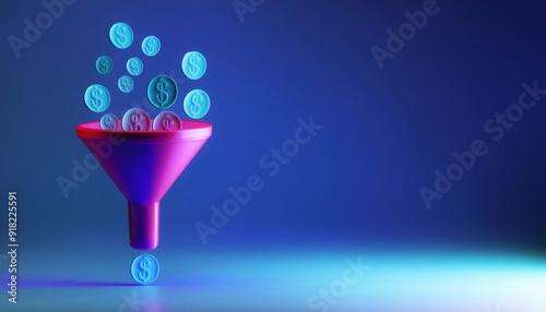 A colorful funnel with floating dollar coins, symbolizing financial filtering and investment opportunities in a modern digital setting.