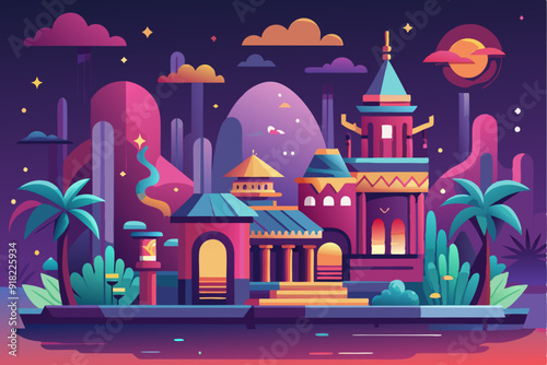A Nighttime View of a Colorful Palace in a Fantasy Landscape
