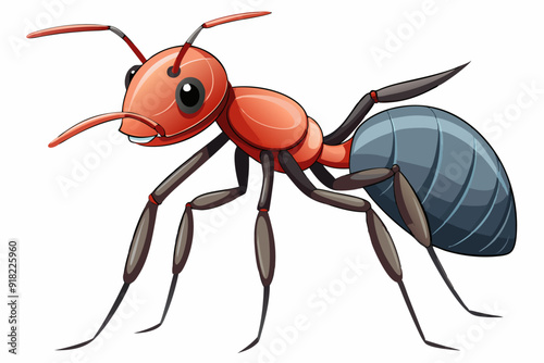 Cartoon illustration of a red ant with black legs and a blue abdomen