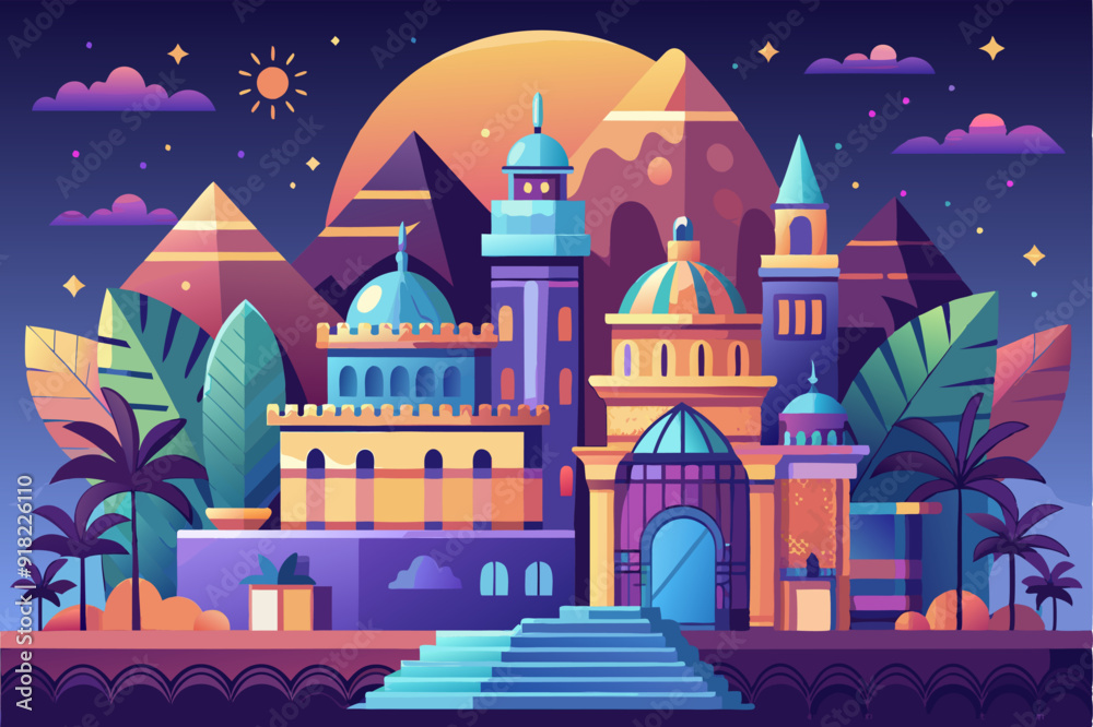 Fototapeta premium Colorful Nighttime Cityscape with Domed Buildings and Pyramids