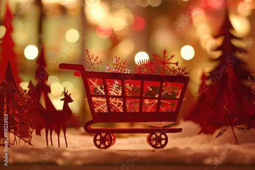 Silhouette of a shopping cart filled with gifts against a warm, bokehlit holiday backdrop photo