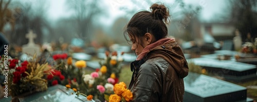 sad grieving woman stands at the grave of a loved one in the cemetery on a rainy day. The concept of funerals, Remembrance, and Farewell to loved ones. photo