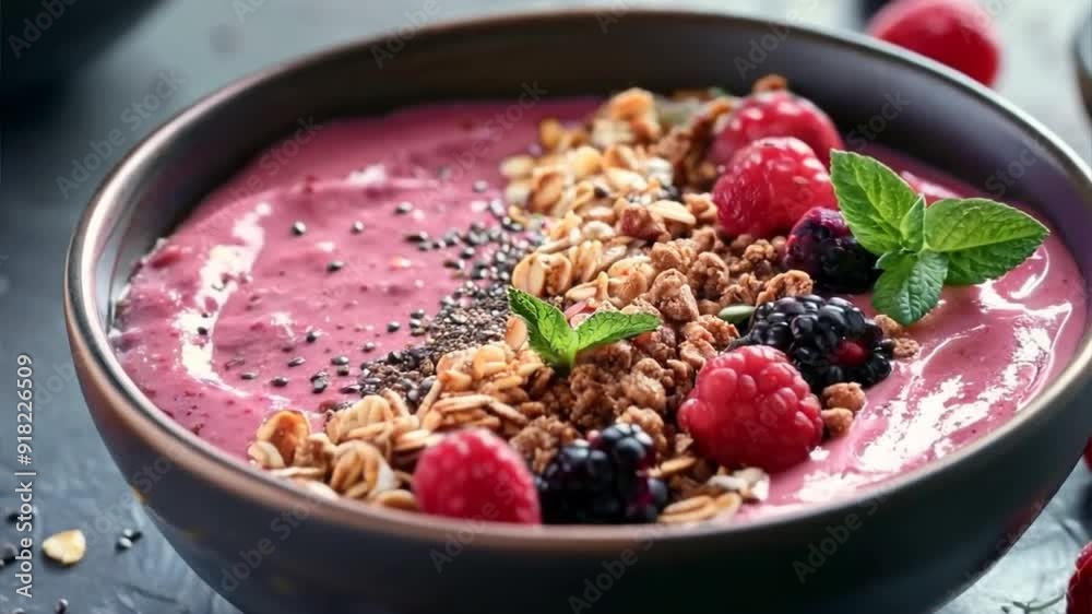 Nutrient-rich smoothie bowl topped with granola, berries, and seeds, a delicious and healthy meal option. Nutrient-rich smoothie bowl topped with granola, berries, and seeds, a delicious and healthy meal option.
