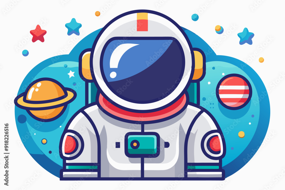 Fototapeta premium Cartoon Astronaut in Space with Planets and Stars
