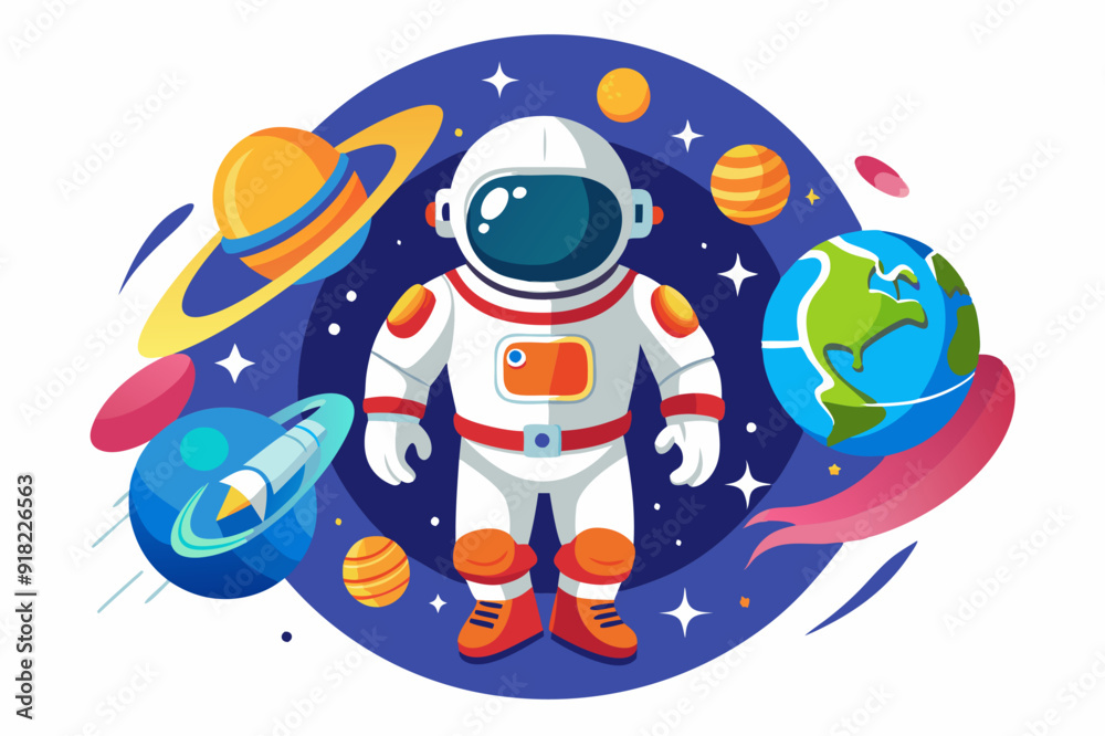 Fototapeta premium Astronaut in Space Surrounded by Planets and Stars