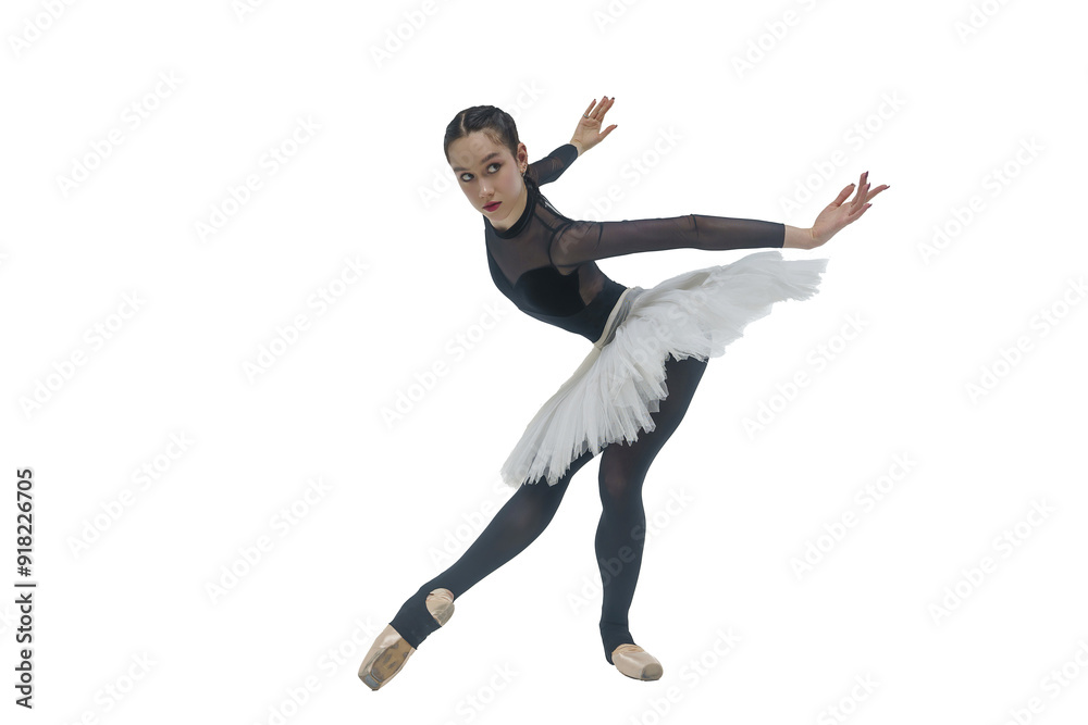 Obraz premium young ballerina in a black leotard and tutu shows the eversion of her feet the flexibility of her back in a tilt, young ballerina in a black leotard shows the eversion of her feet with her hands on he