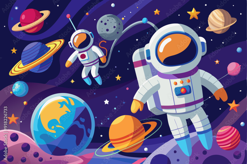 Naklejka premium Two Astronauts Floating in Space with Planets and Stars