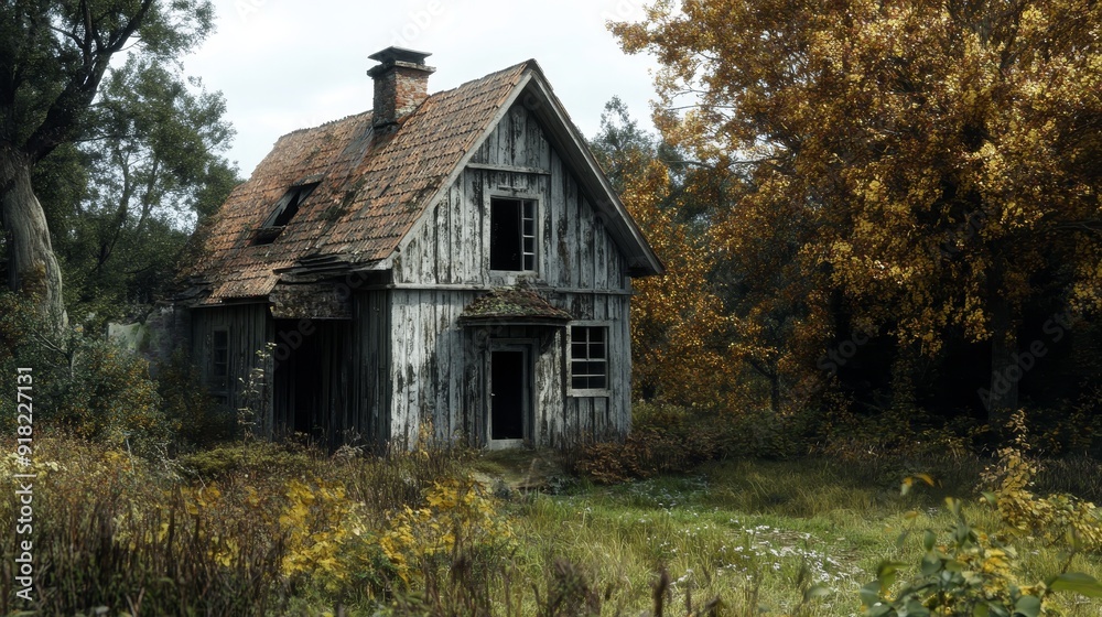 Fototapeta premium Abandoned Wooden House in the Woods - An abandoned wooden house stands in the middle of a forest, surrounded by trees and overgrown vegetation. The house appears old and dilapidated, with broken windo
