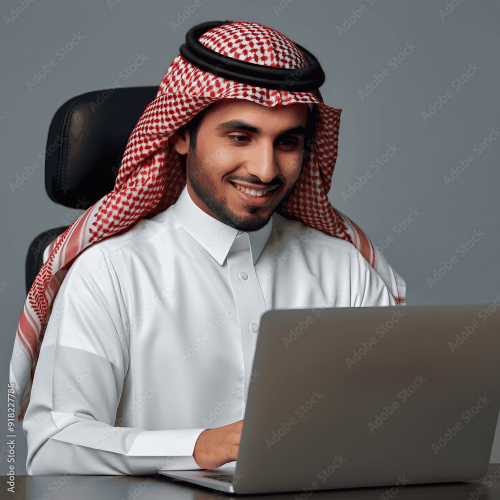 Smart and safe electronic marketing through social media, browsing the Internet and working remotely via a laptop, a close-up portrait of a smiling Saudi Gulf Arab young man wearing a traditional thob Smart and safe electronic marketing through social media, browsing the Internet and working remotely via a laptop, a close-up portrait of a smiling Saudi Gulf Arab young man wearing a traditional thob