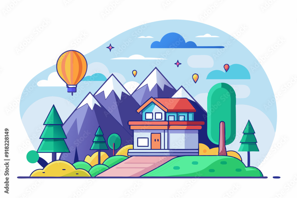 Colorful Illustration of a House in a Mountainous Landscape with a Hot Air Balloon