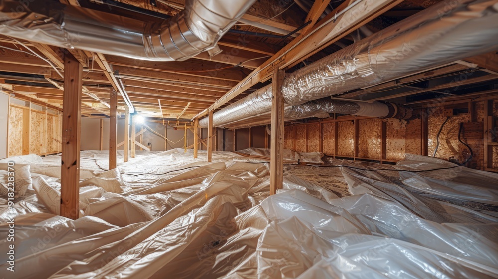 Fototapeta premium Air-conditioned crawl space with ductwork and insulation