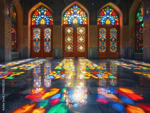 A vibrant interior with stained glass windows casting colorful reflections on the floor. photo