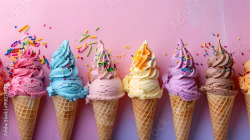 Colorful Array of Tempting Ice Cream Cones with Sprinkles and Toppings on Pastel Background