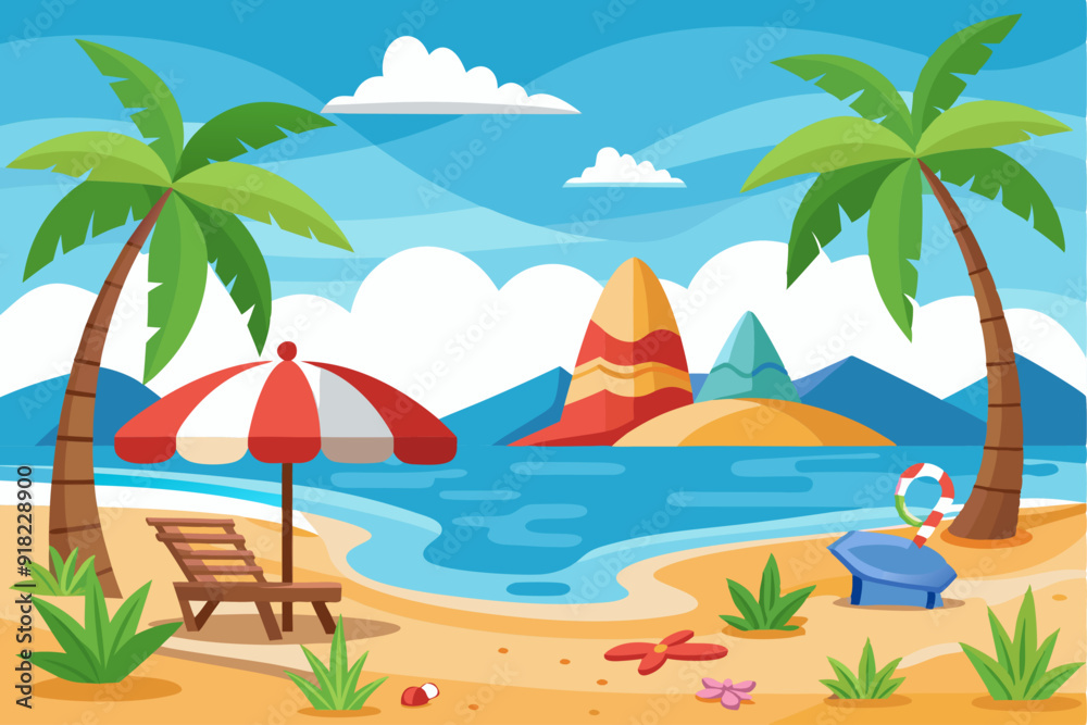 Fototapeta premium Idyllic Beach Scene with Palm Trees, Umbrella, and Beach Chair