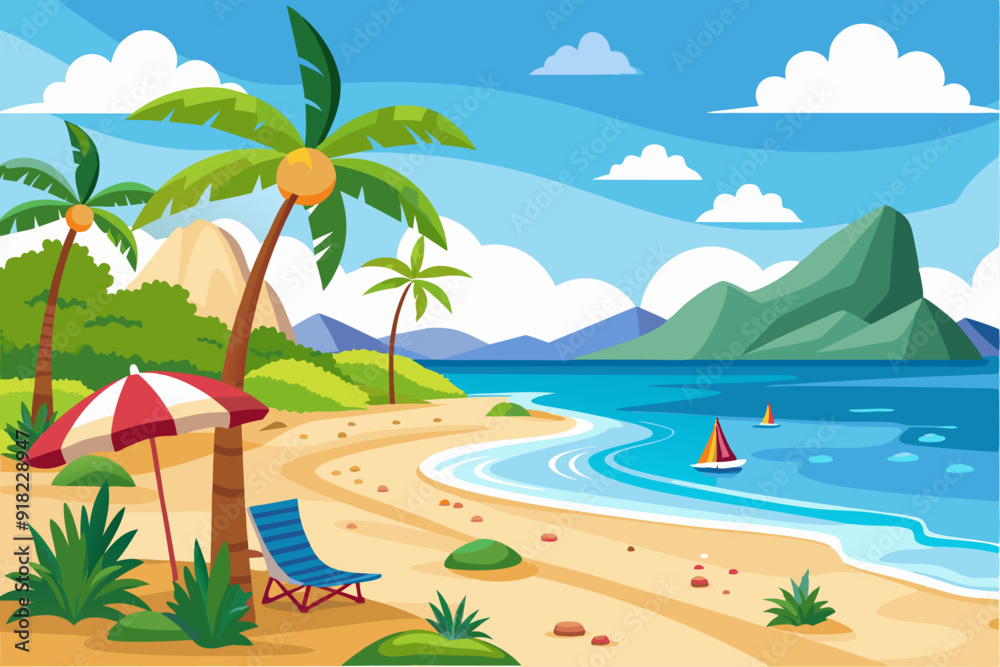 Tropical Beach Scene with Palm Trees, Mountains, and a Beach Chair Tropical Beach Scene with Palm Trees, Mountains, and a Beach Chair