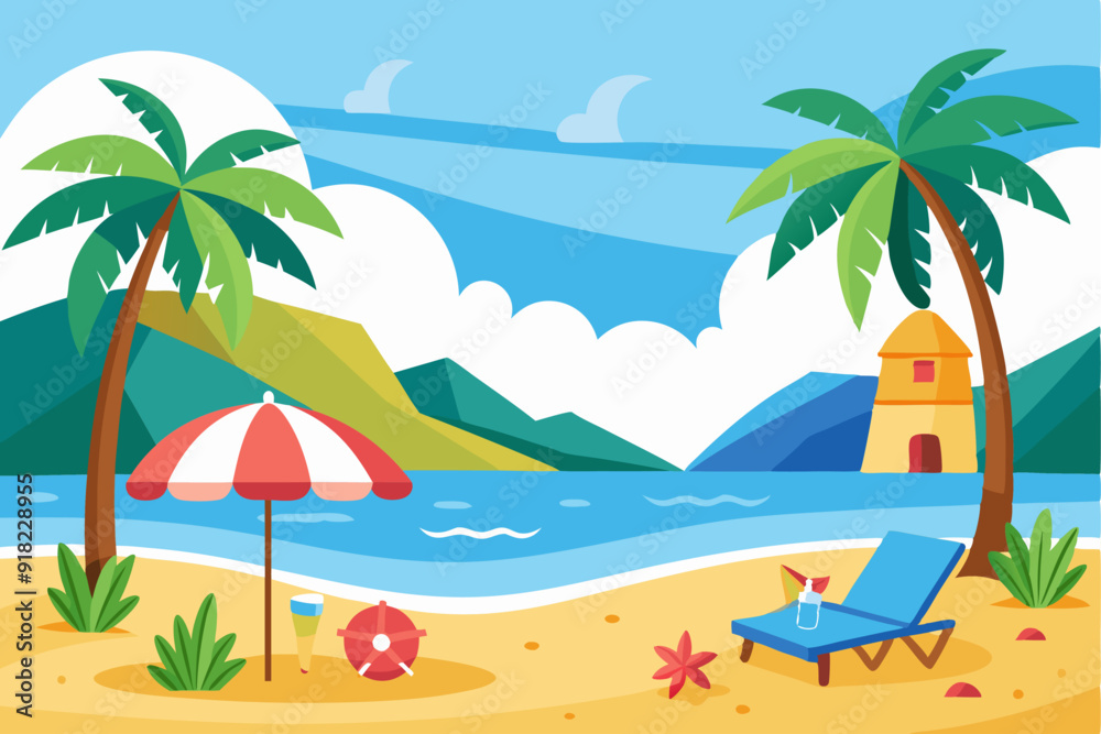 Obraz premium Beach Scene with Palm Trees, an Umbrella, and a Lounger