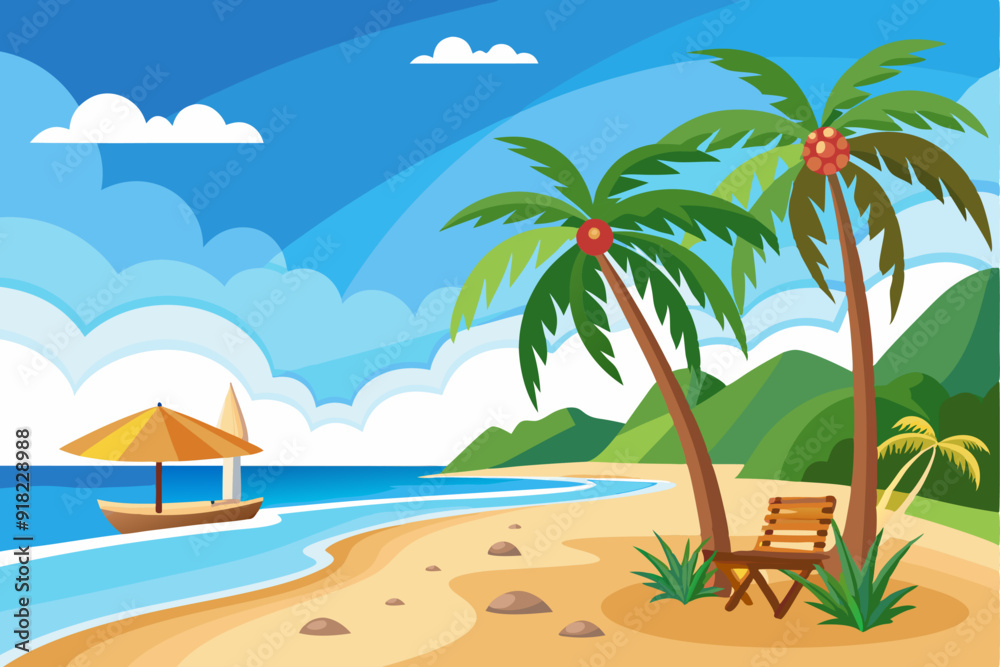 Tropical Beach Scene with Palm Trees, Boat, and Chair Tropical Beach Scene with Palm Trees, Boat, and Chair