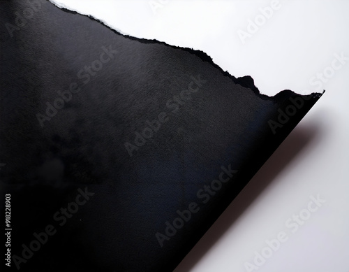 a black paper tear with jagged, irregular edges, set against a contrasting light grey background. The focus should be on the intricate details of the tear, emphasizing the texture and the tension betw photo