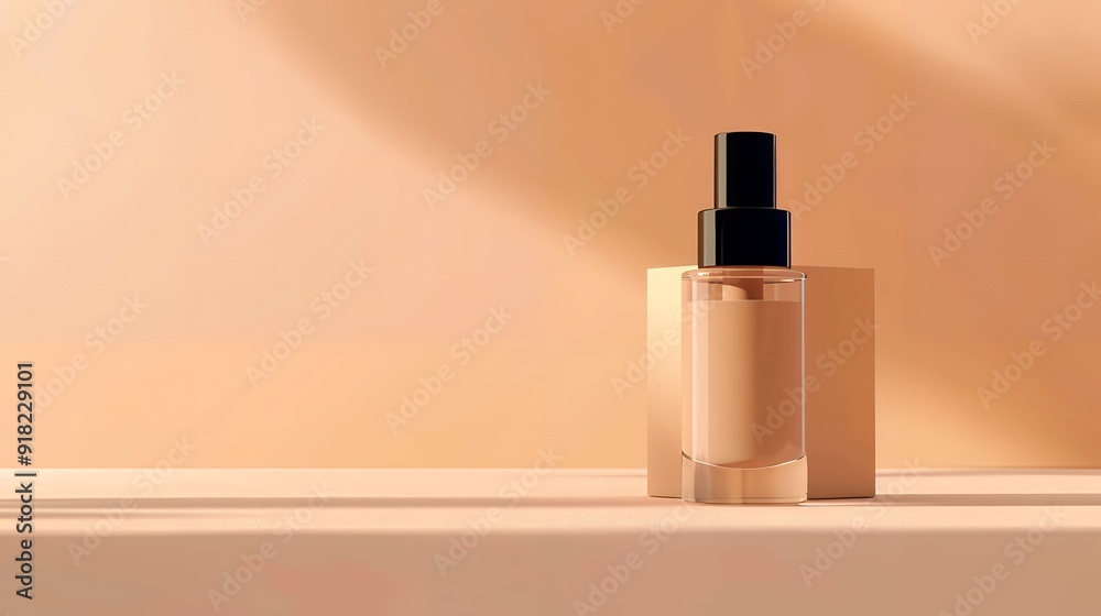 A makeup primer bottle mock-up positioned in front of a light tan gradient background. The bottle is elegantly designed, with sleek lines and a minimalist label