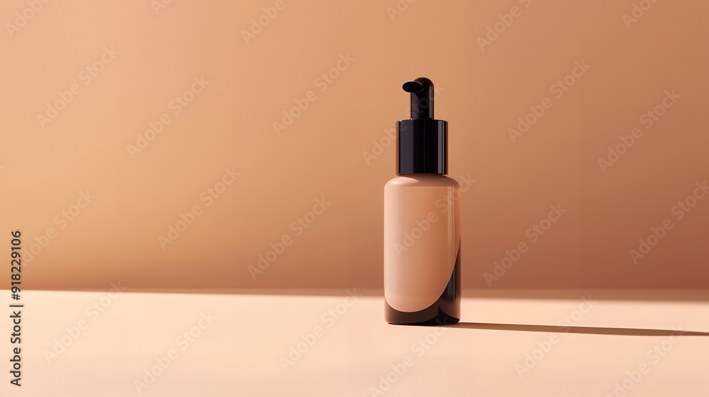A makeup primer bottle mock-up positioned in front of a light tan gradient background. The bottle is elegantly designed, with sleek lines and a minimalist label A makeup primer bottle mock-up positioned in front of a light tan gradient background. The bottle is elegantly designed, with sleek lines and a minimalist label
