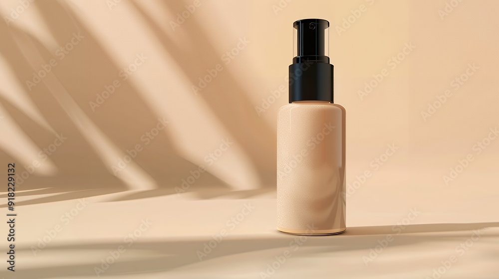 A makeup primer bottle mock-up positioned in front of a light tan gradient background. The bottle is elegantly designed, with sleek lines and a minimalist label A makeup primer bottle mock-up positioned in front of a light tan gradient background. The bottle is elegantly designed, with sleek lines and a minimalist label