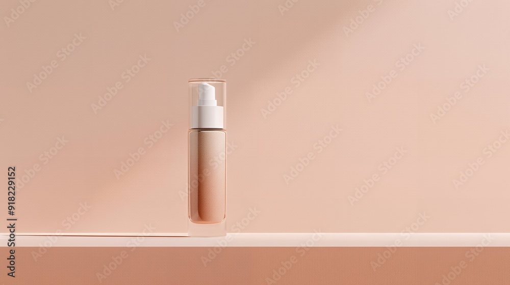 A makeup primer bottle mock-up positioned in front of a light tan gradient background. The bottle is elegantly designed, with sleek lines and a minimalist label A makeup primer bottle mock-up positioned in front of a light tan gradient background. The bottle is elegantly designed, with sleek lines and a minimalist label