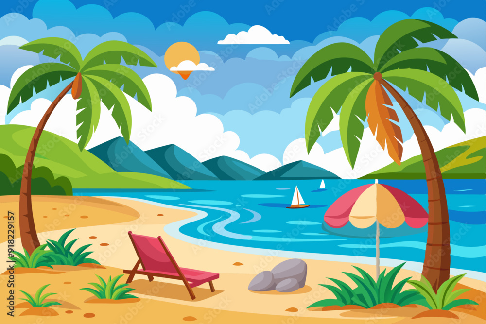 Idyllic Beach Scene with Palm Trees, Lounging Chair, and Sailboats Idyllic Beach Scene with Palm Trees, Lounging Chair, and Sailboats