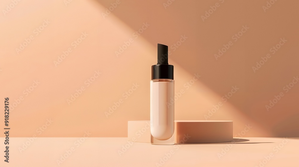 A makeup primer bottle mock-up positioned in front of a light tan gradient background. The bottle is elegantly designed, with sleek lines and a minimalist label A makeup primer bottle mock-up positioned in front of a light tan gradient background. The bottle is elegantly designed, with sleek lines and a minimalist label